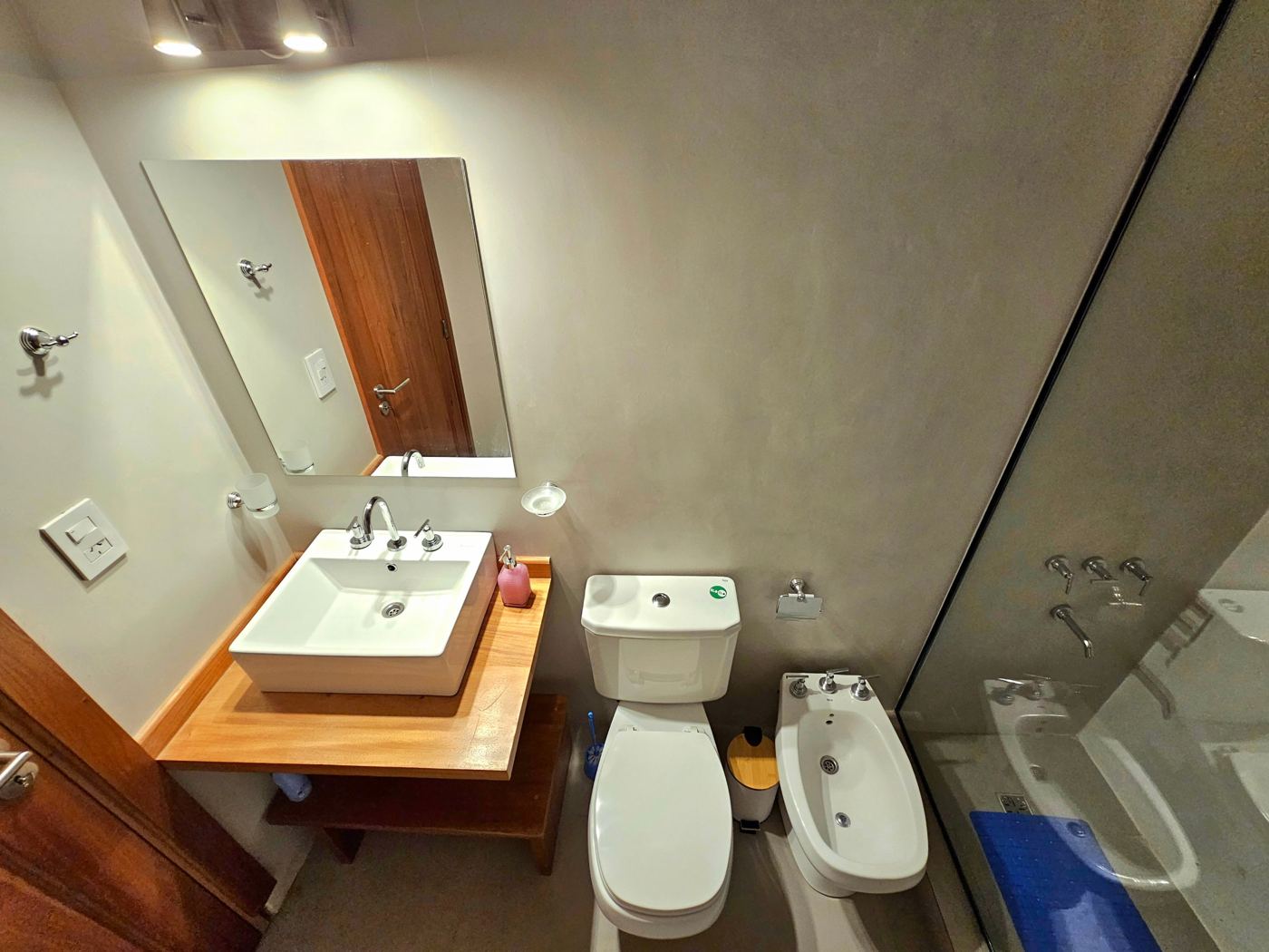Baño con bacha de apoyo sobre mesada de madera